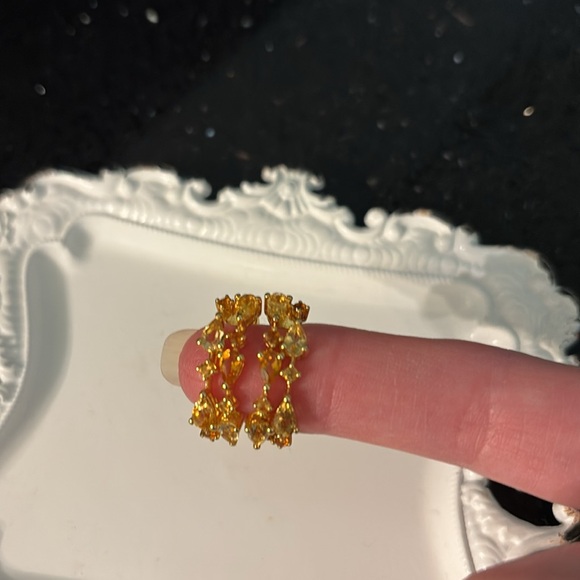 Citrine & Mixed Cut Gemstones Hoop Earrings 14K Goldplated Sterling Silver - Picture 10 of 11